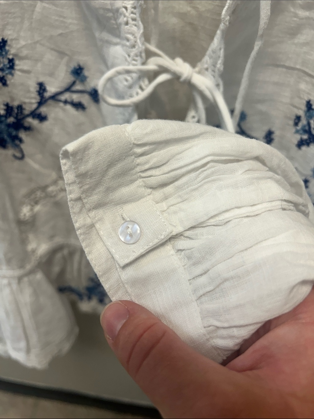 Jennifer & Grace Beautiful White Tie-Front Blouse with Blue Floral Embroidery - Picture 5 of 11